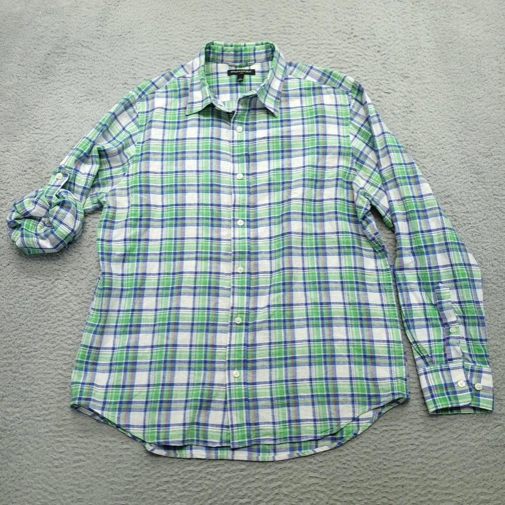 Banana Republic Mens Button Down Shirt L‎ Roll Tab Plaid Linen Cotton Blend